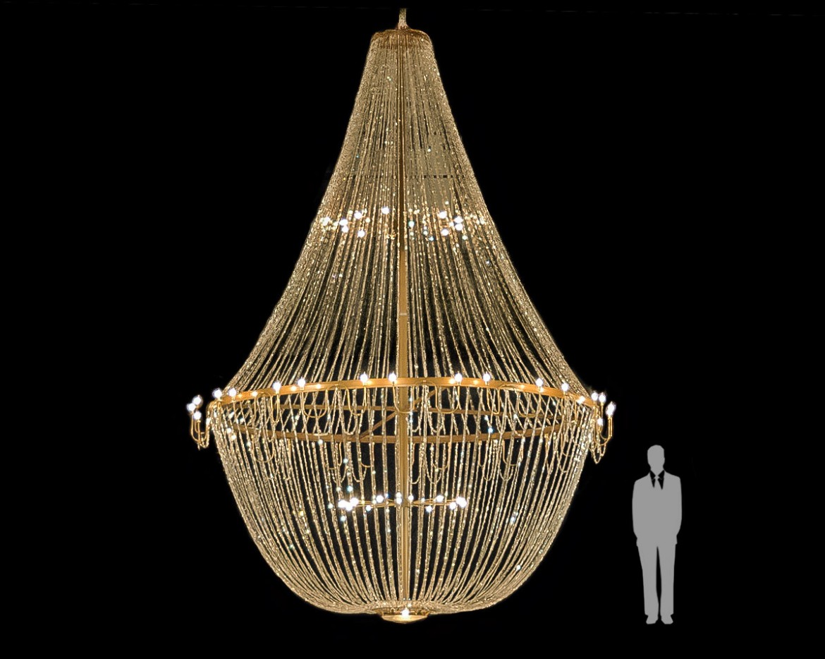 Zakkroonluchter Type-6 Groot te huur — majestueus, 6.40m hoog, 56 lichtpunten, 